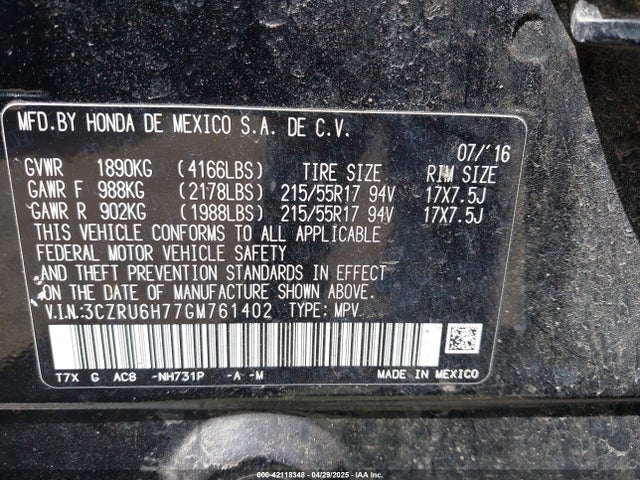 3CZRU6H77GM761402 Honda Hr-v Ex-l