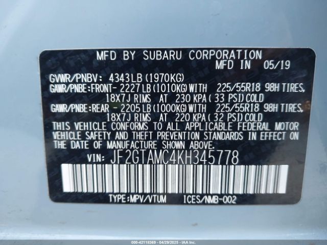JF2GTAMC4KH345778 Subaru Crosstrek 2.0i Limited