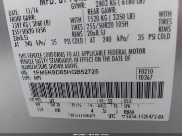 1FM5K8D85HGB52725 Ford EXPLORER XLT