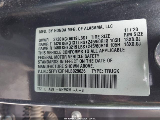 5FPYK3F14LB029626 Honda Ridgeline Awd Sport