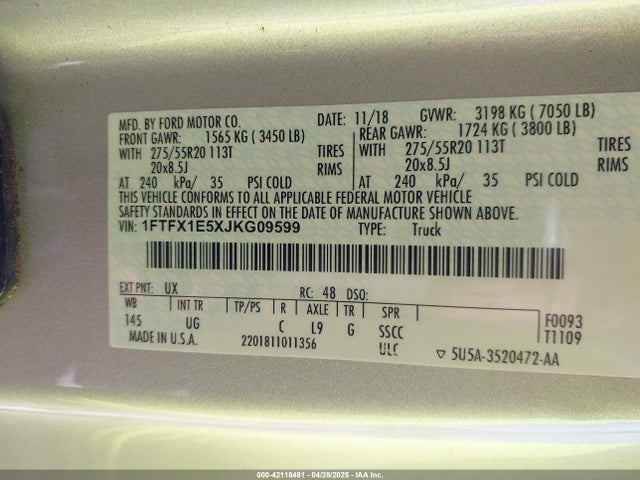 1FTFX1E5XJKG09599 Ford F-150 Xlt