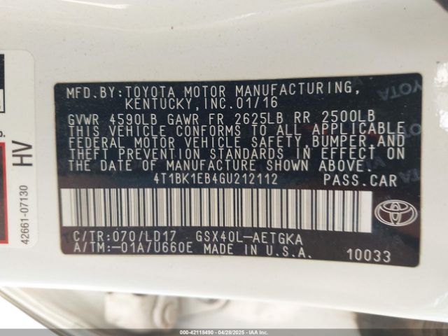 4T1BK1EB4GU212112 Toyota AVALON XLE