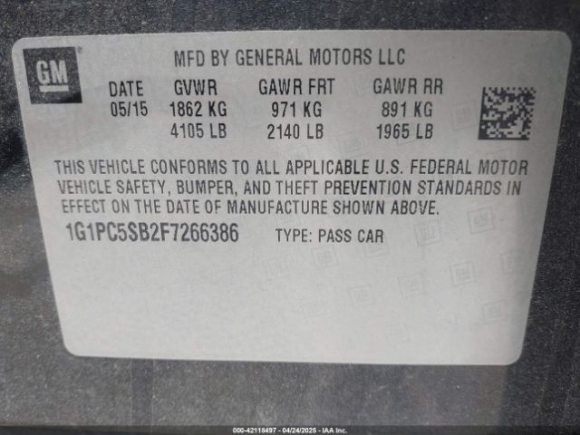 1G1PC5SB2F7266386 Chevrolet Cruze 1lt Auto