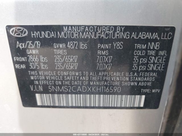 5NMS2CADXKH116590 Hyundai Santa Fe Se