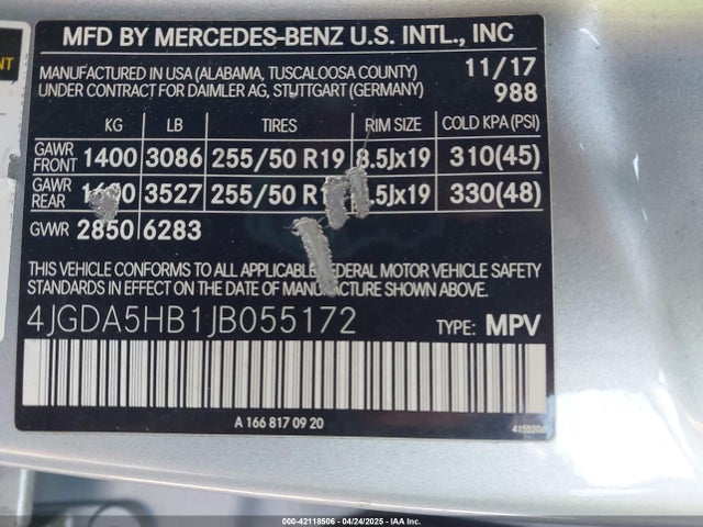 4JGDA5HB1JB055172 Mercedes-Benz Gle 350 4matic