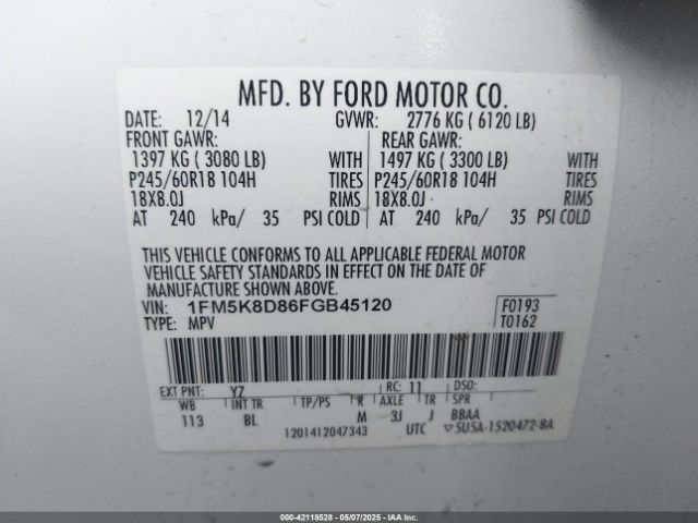 1FM5K8D86FGB45120 Ford EXPLORER XLT