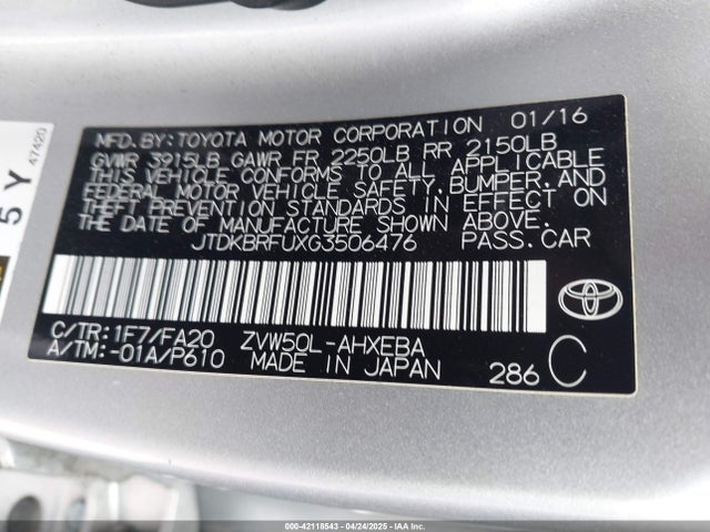 JTDKBRFUXG3506476 Toyota Prius Two