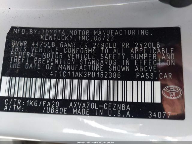 4T1C11AK3PU182386 Toyota CAMRY LE