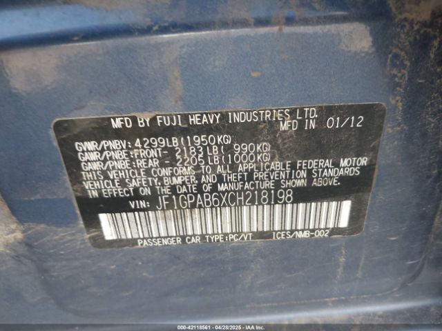 2012 SUBARU IMPREZA JF1GPAB6XCH218198 Photo 8