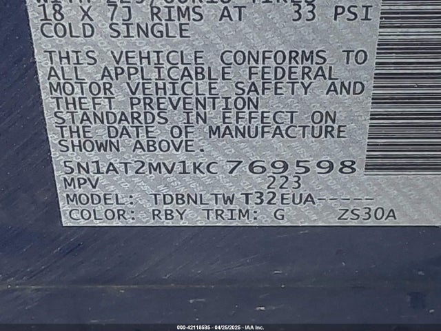 5N1AT2MV1KC769598 Nissan ROGUE SV