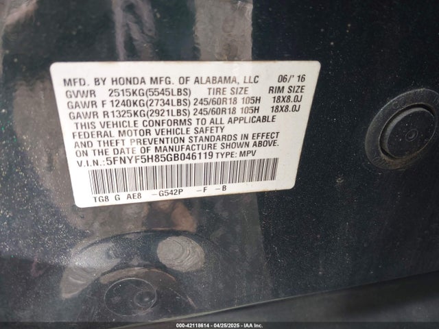 5FNYF5H85GB046119 Honda Pilot Ex-l