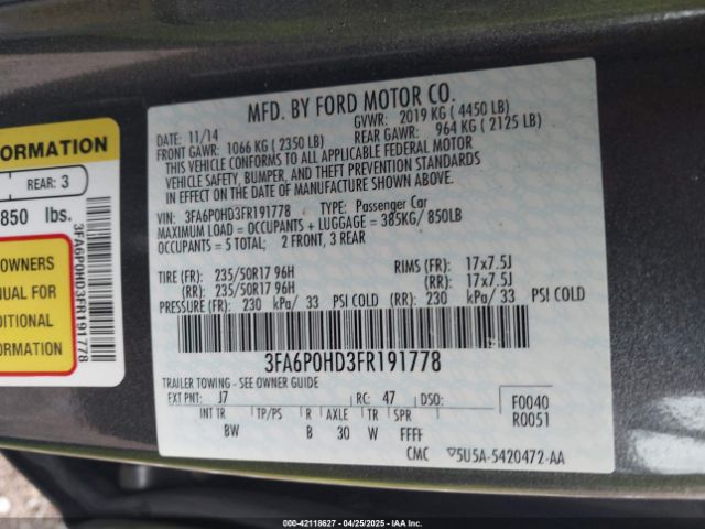 3FA6P0HD3FR191778 Ford FUSION SE