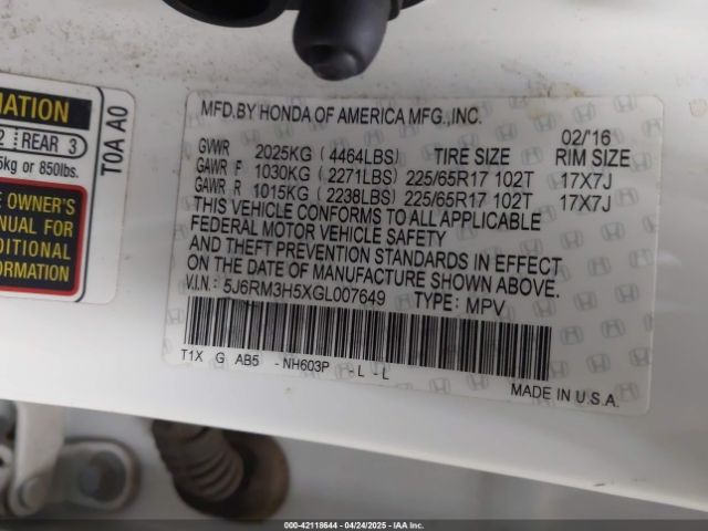 5J6RM3H5XGL007649 Honda CR-V EX