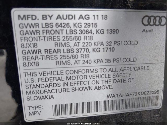 WA1AHAF73KD022295 Audi Q7 45 Premium/45 Se Premium