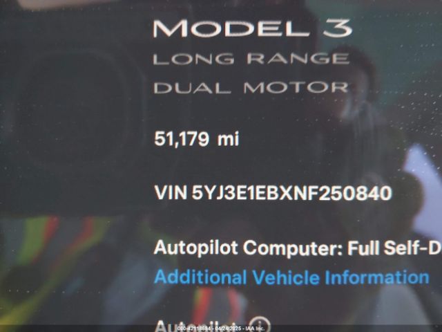 5YJ3E1EBXNF250840 Tesla Model 3 Long Range Dual Motor All-wheel Drive