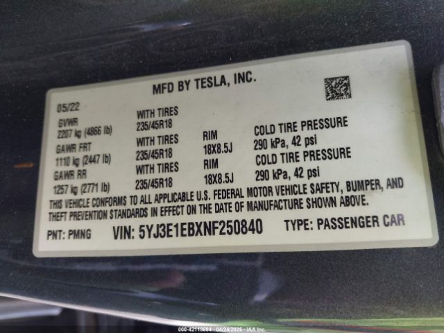 5YJ3E1EBXNF250840 Tesla Model 3 Long Range Dual Motor All-wheel Drive
