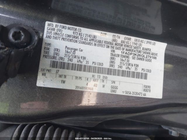 1FADP3K26GL279188 Ford FOCUS SE