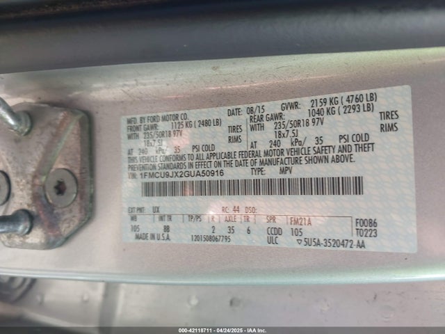 1FMCU9JX2GUA50916 Ford Escape Titanium