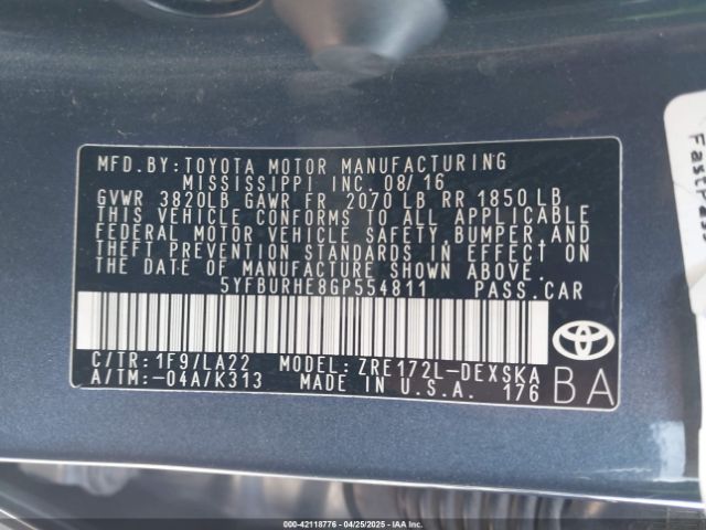 5YFBURHE8GP554811 Toyota Corolla S Premium