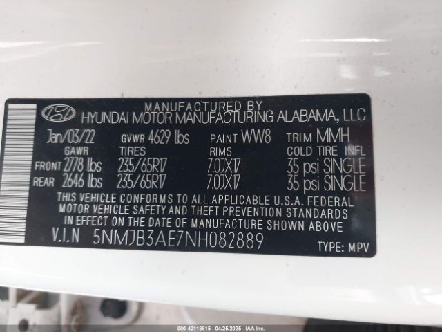 5NMJB3AE7NH082889 Hyundai gdi theta iii