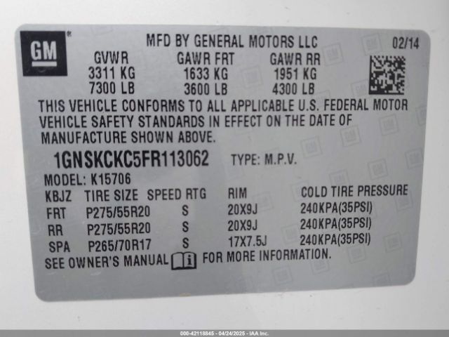 1GNSKCKC5FR113062 Chevrolet Tahoe Ltz