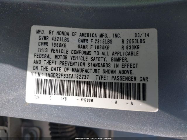 1HGCR2F83EA192237 Honda Accord Ex-l
