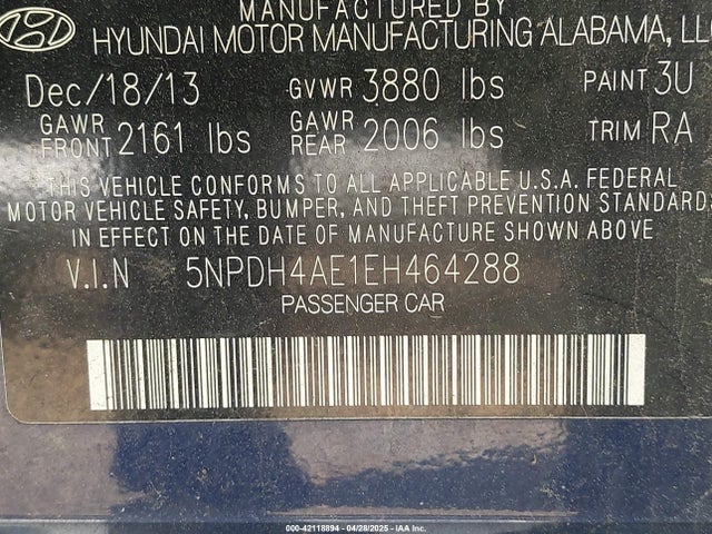 5NPDH4AE1EH464288 Hyundai Elantra Limited