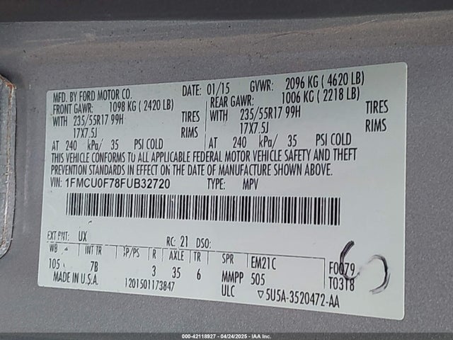 Ford ESCAPE S 2015 1FMCU0F78FUB32720 Image 9