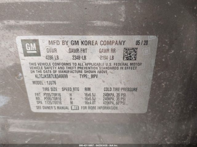 KL7CJKSB7LB346699 Chevrolet Trax Fwd Ls
