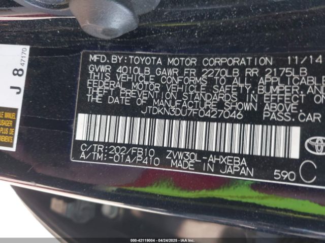 JTDKN3DU7F0427046 Toyota Prius Three