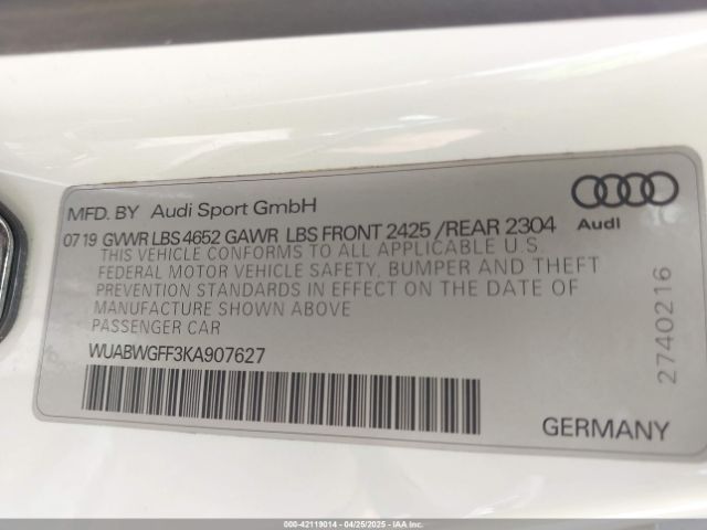 WUABWGFF3KA907627 Audi Rs 3 2.5t