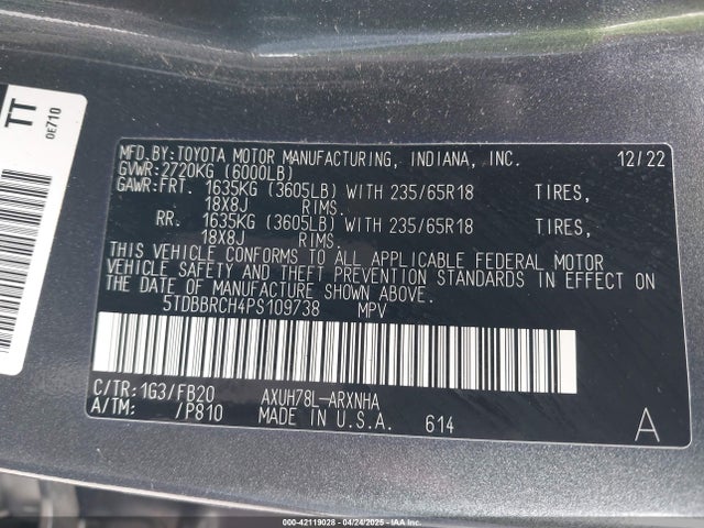 5TDBBRCH4PS109738 Toyota Highlander Hybrid Le