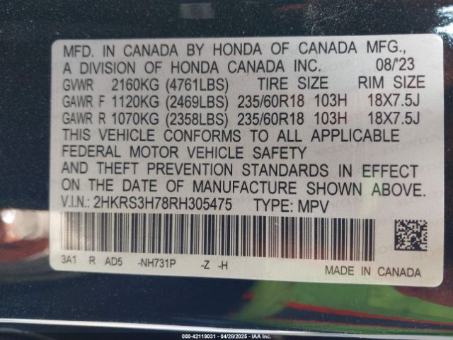 2HKRS3H78RH305475 Honda Cr-v Ex-l 2wd