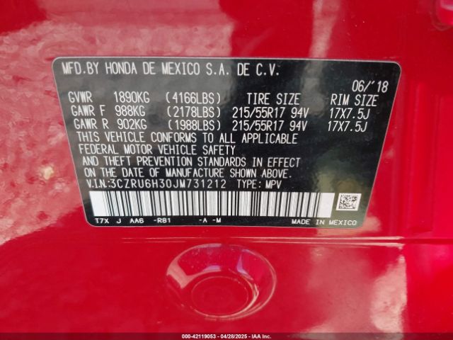 3CZRU6H30JM731212 Honda HR-V LX