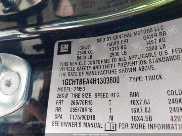 1GCHTBEA4H1303800 Chevrolet Colorado Wt