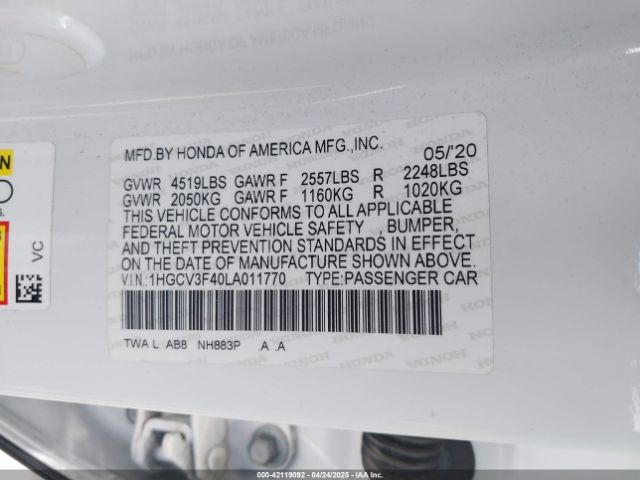 1HGCV3F40LA011770 Honda Accord Hybrid Ex