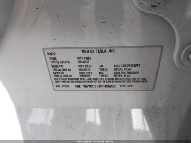 7SAYGDEE3NF426030 Tesla Model Y