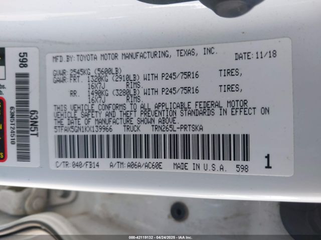 2019 TOYOTA TACOMA 5TFAX5GN1KX139966 Photo 8
