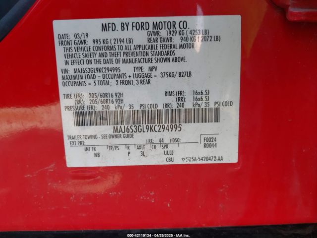 MAJ6S3GL9KC294995 Ford Ecosport Se