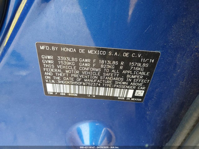 3HGGK5H50FM752374 Honda FIT LX