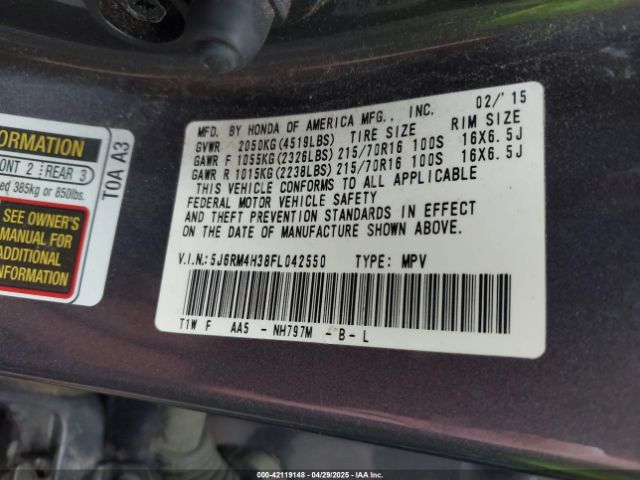 5J6RM4H38FL042550 Honda CR-V LX