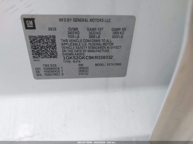 1GKS2GKC9KR159332 GMC Yukon Xl Slt
