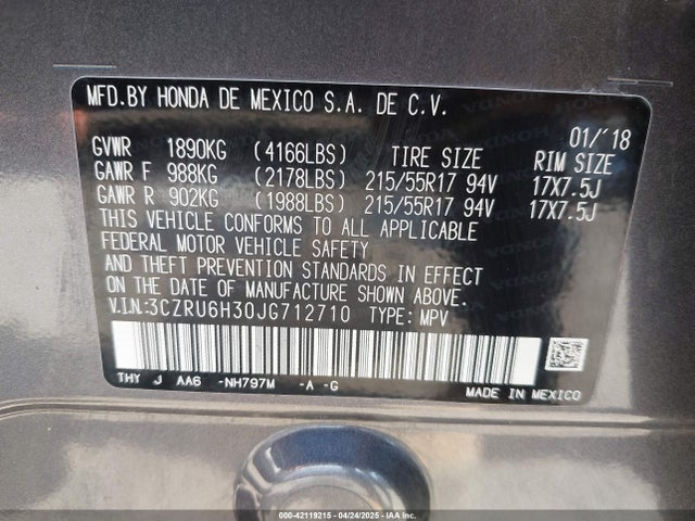 Продажа на аукционе авто 2018 Honda Hr-v Lx, vin: 3CZRU6H30JG712710, номер лота: 42119215