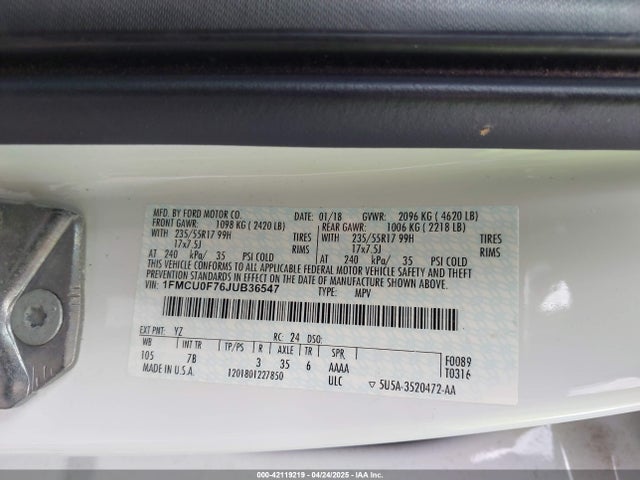 1FMCU0F76JUB36547 Ford ESCAPE S