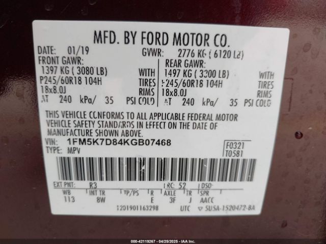 1FM5K7D84KGB07468 Ford EXPLORER XLT