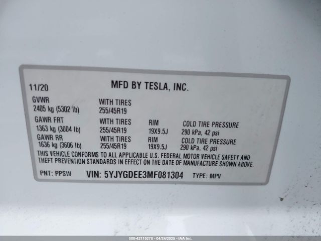 5YJYGDEE3MF081304 Tesla Model Y Long Range Dual Motor All-wheel Drive