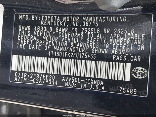4T1BD1FK2FU175455 Toyota Camry Hybrid Le
