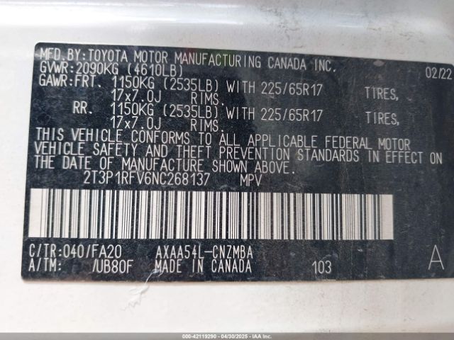 2T3P1RFV6NC268137 Toyota Rav4 Xle