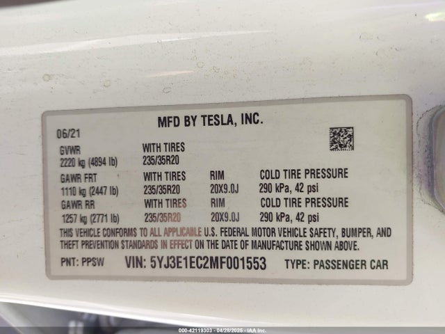5YJ3E1EC2MF001553 Tesla MODEL 3