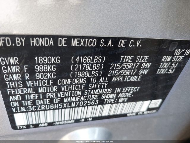 3CZRU6H5XLM702563 Honda Hr-v Awd Ex